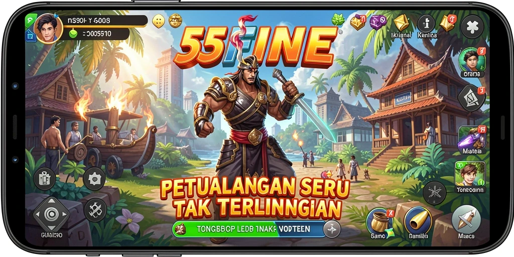 Screenshot gameplay 55FIVE menampilkan karakter menjelajahi dunia yang indah.