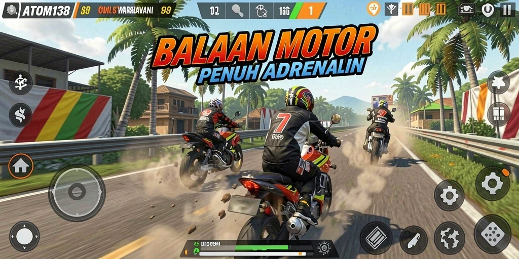 Tampilan gameplay ATOM138 dengan balapan motor yang menegangkan.