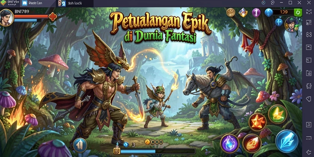 Screenshot utama BNI789 menampilkan aksi pertempuran yang seru di dunia fantasi.