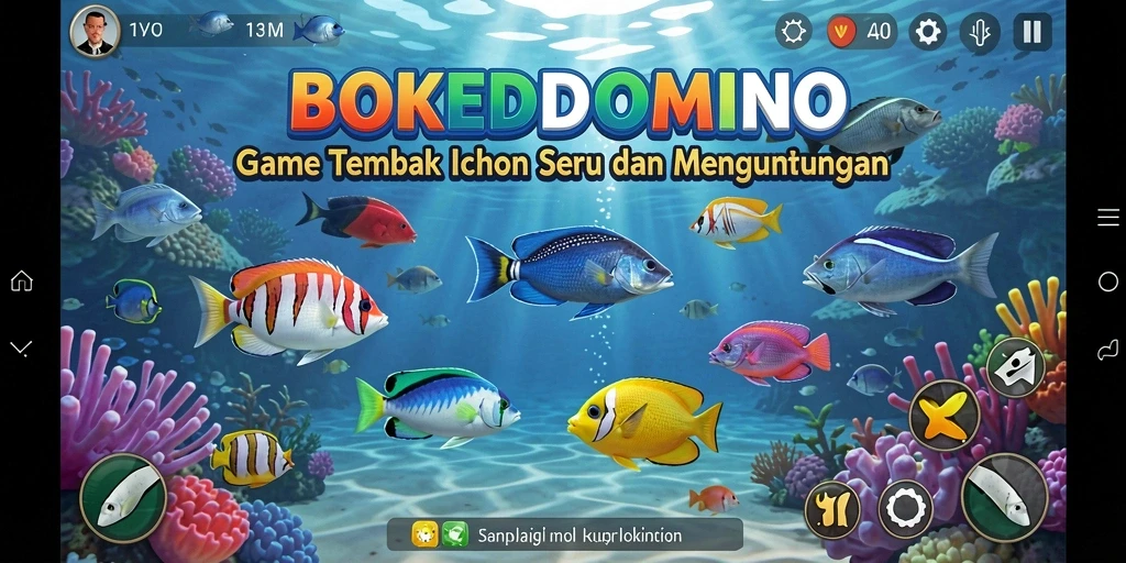 Tampilan layar permainan BOKEDOMINO dengan aksi tembak ikan yang seru.