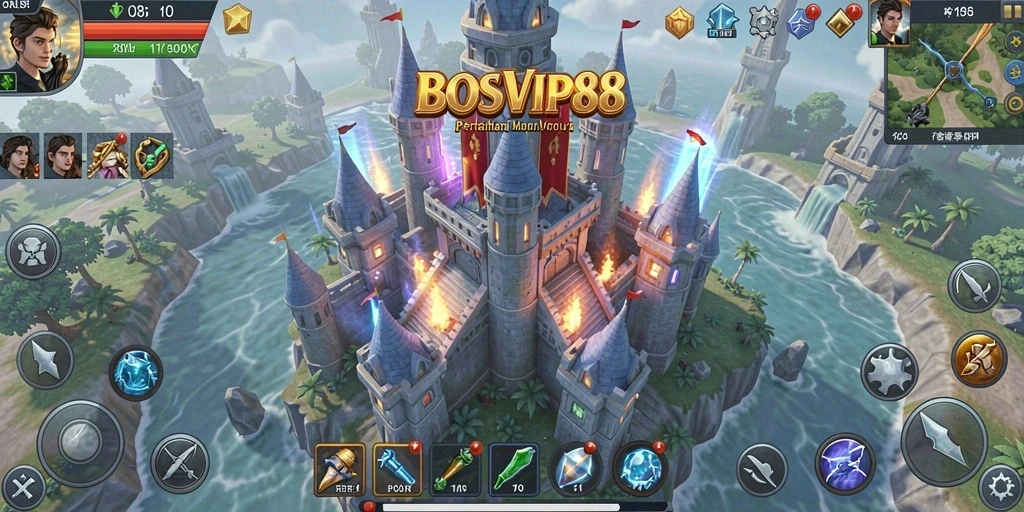 Tangkapan layar gameplay BOSVIP88 menunjukkan pertarungan menara yang seru.