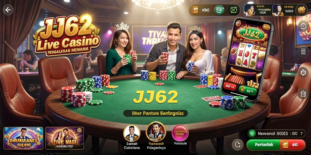 Screenshot JJ62 menampilkan dealer profesional dalam permainan Live Casino yang menarik.