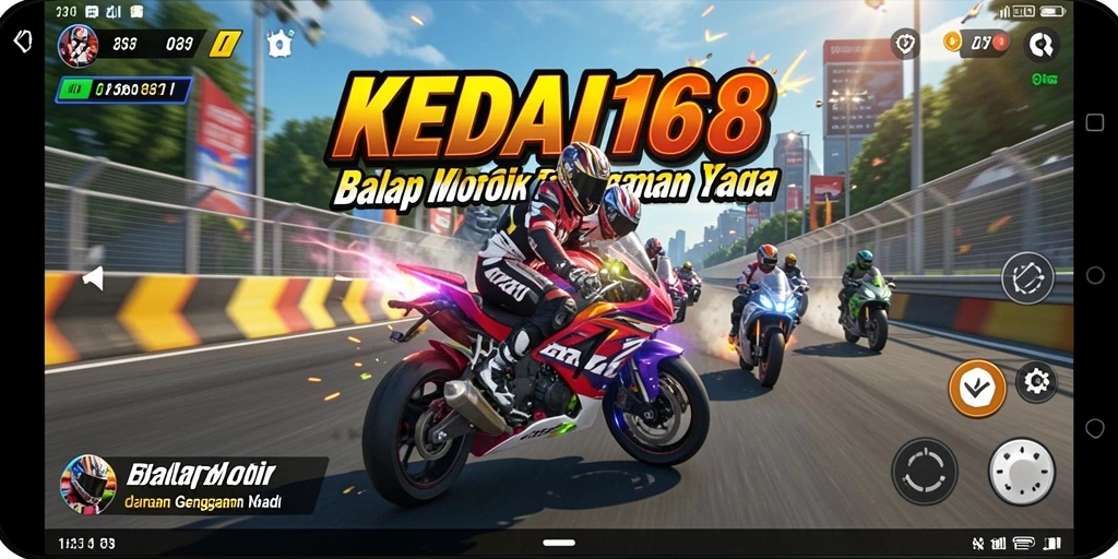 Screenshot gameplay KEDAI168 dengan aksi balap motor yang menegangkan.