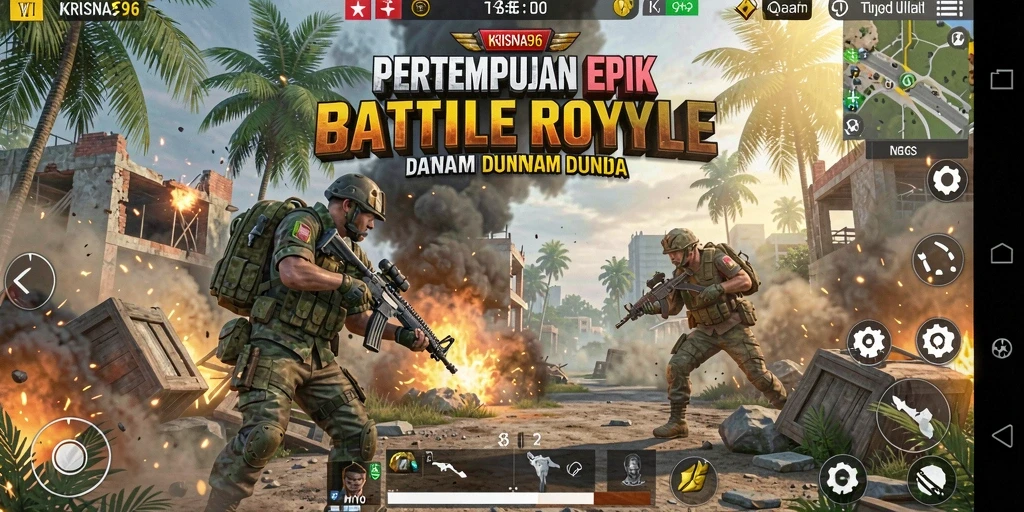 Tampilan gameplay menegangkan di KRISNA96 dengan aksi Battle Royale.