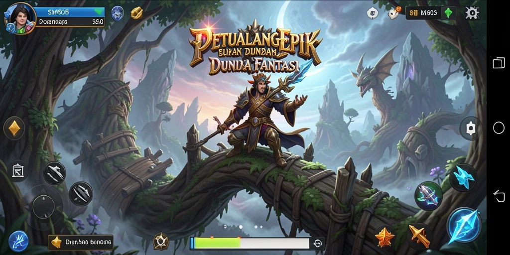 Screenshot utama SM605 menampilkan pertarungan epik dalam dunia RPG.