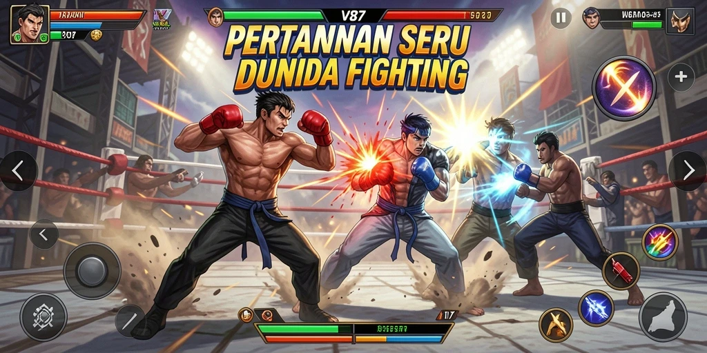 Tampilan gameplay seru dalam pertarungan karakter V87.