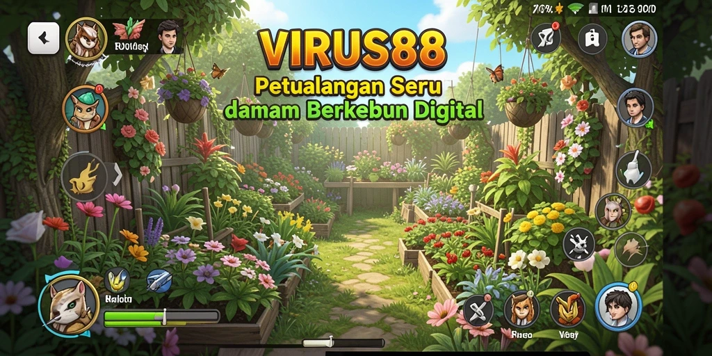 Tangkapan layar gameplay VIRUS88 menampilkan hamparan ladang hijau dengan berbagai tanaman.